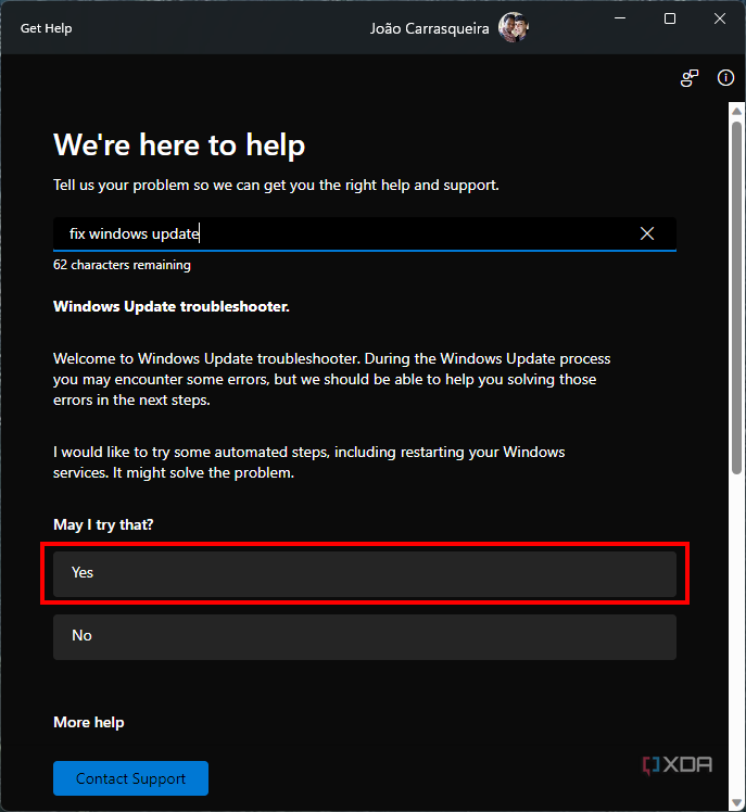 Screenshot of Get Help suggesting the troubleshooter for Windows Update with the Yes option highlighted