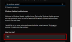 Screenshot of Get Help suggesting the troubleshooter for Windows Update with the Yes option highlighted