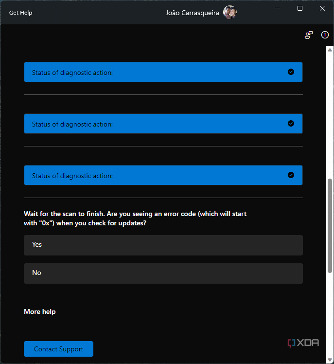 Screenshot of Get Help asking the user if they still see an error when checking for updates