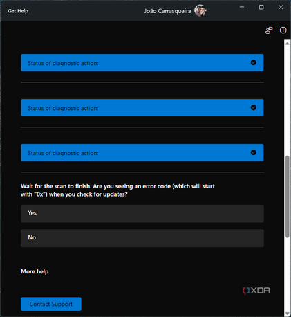 Screenshot of Get Help asking the user if they still see an error when checking for updates