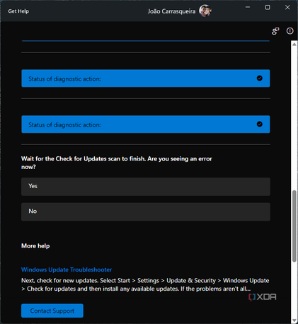 Screenshot of Get Help asking the user again if they still see an error when checking for updates