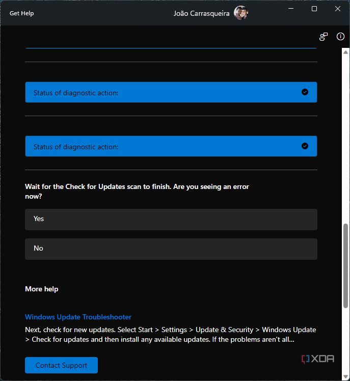 Screenshot of Get Help asking the user again if they still see an error when checking for updates