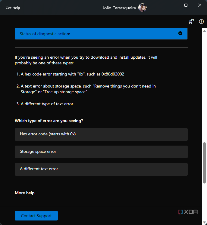 Screenshot of Get Help asking the user what kind of error is shown in Windows Update