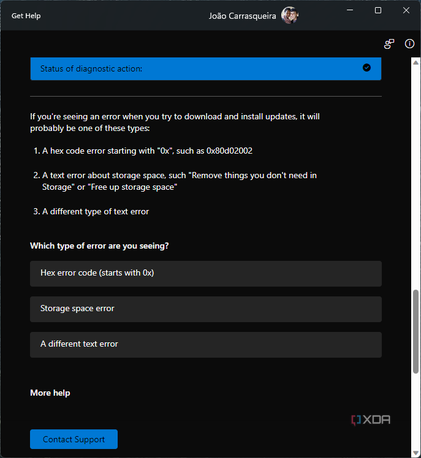 Screenshot of Get Help asking the user what kind of error is shown in Windows Update