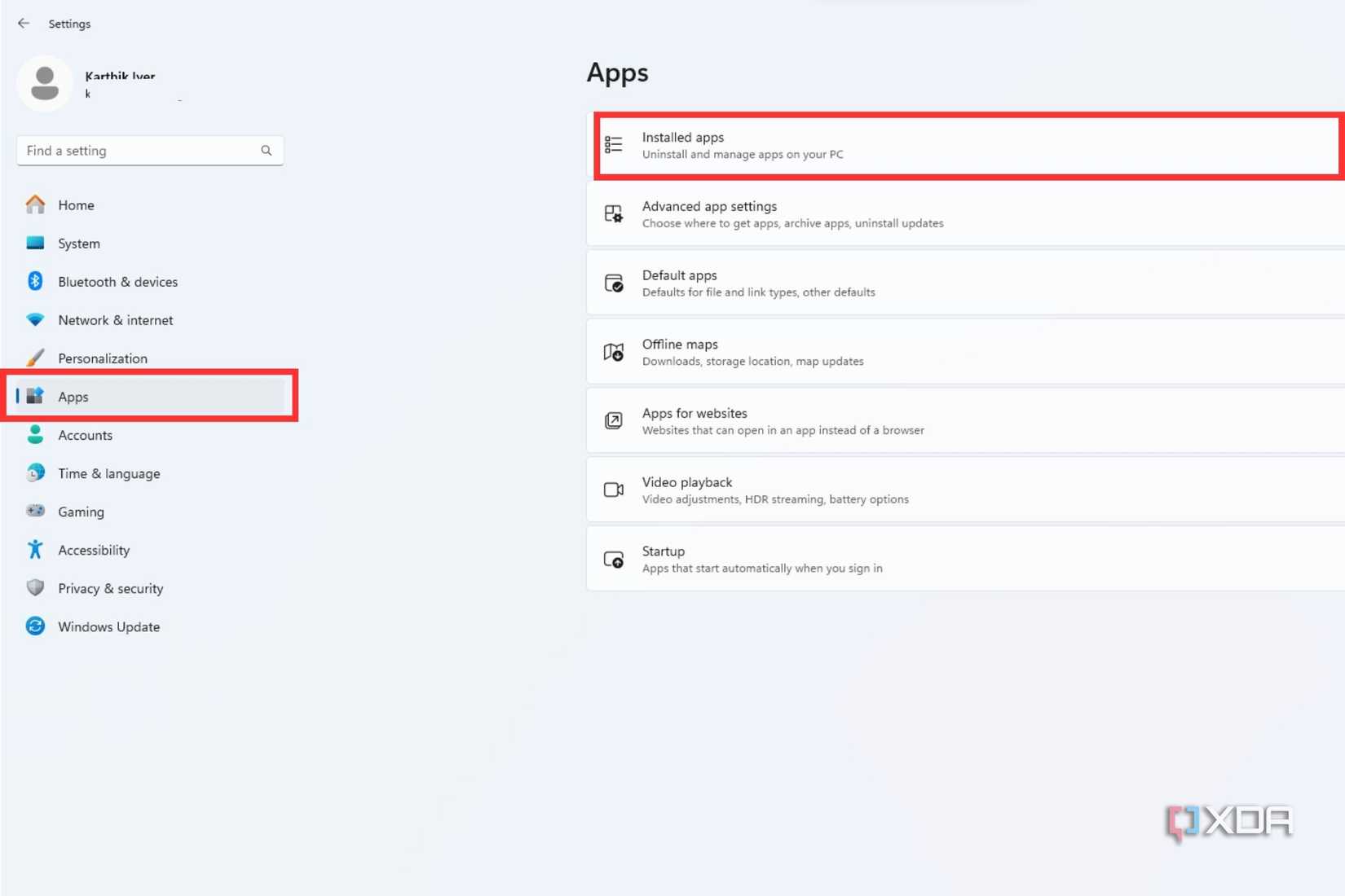 A screenshot showing the highlighted Apps and Installed apps option in Windows settings.