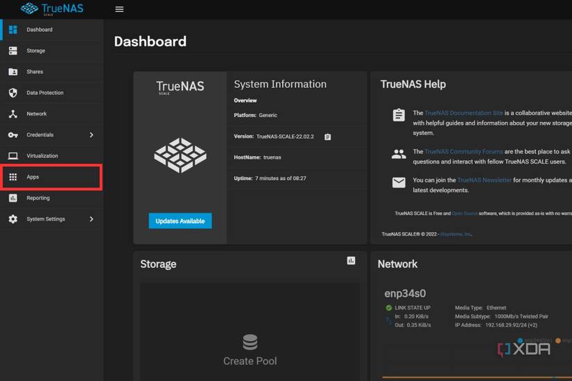 A screenshot showing the highlighted Apps option on TrueNAS Dashboard screen.