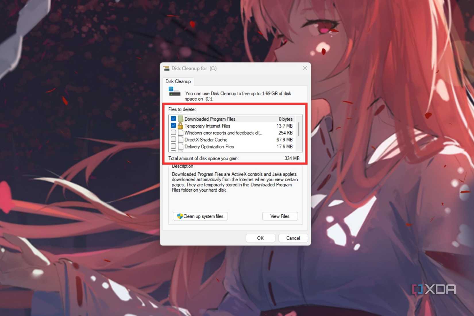 A screenshot showing the highlighted check boxes in Disk Cleanup utility.