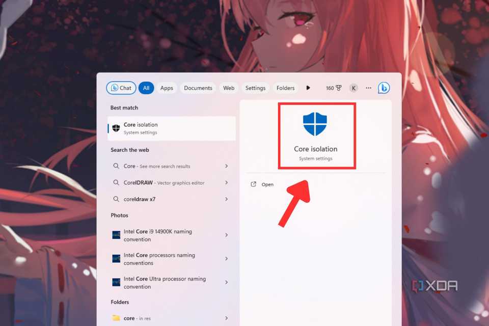 A screenshot showing the highlighted Core isolation option in Windows Start menu.