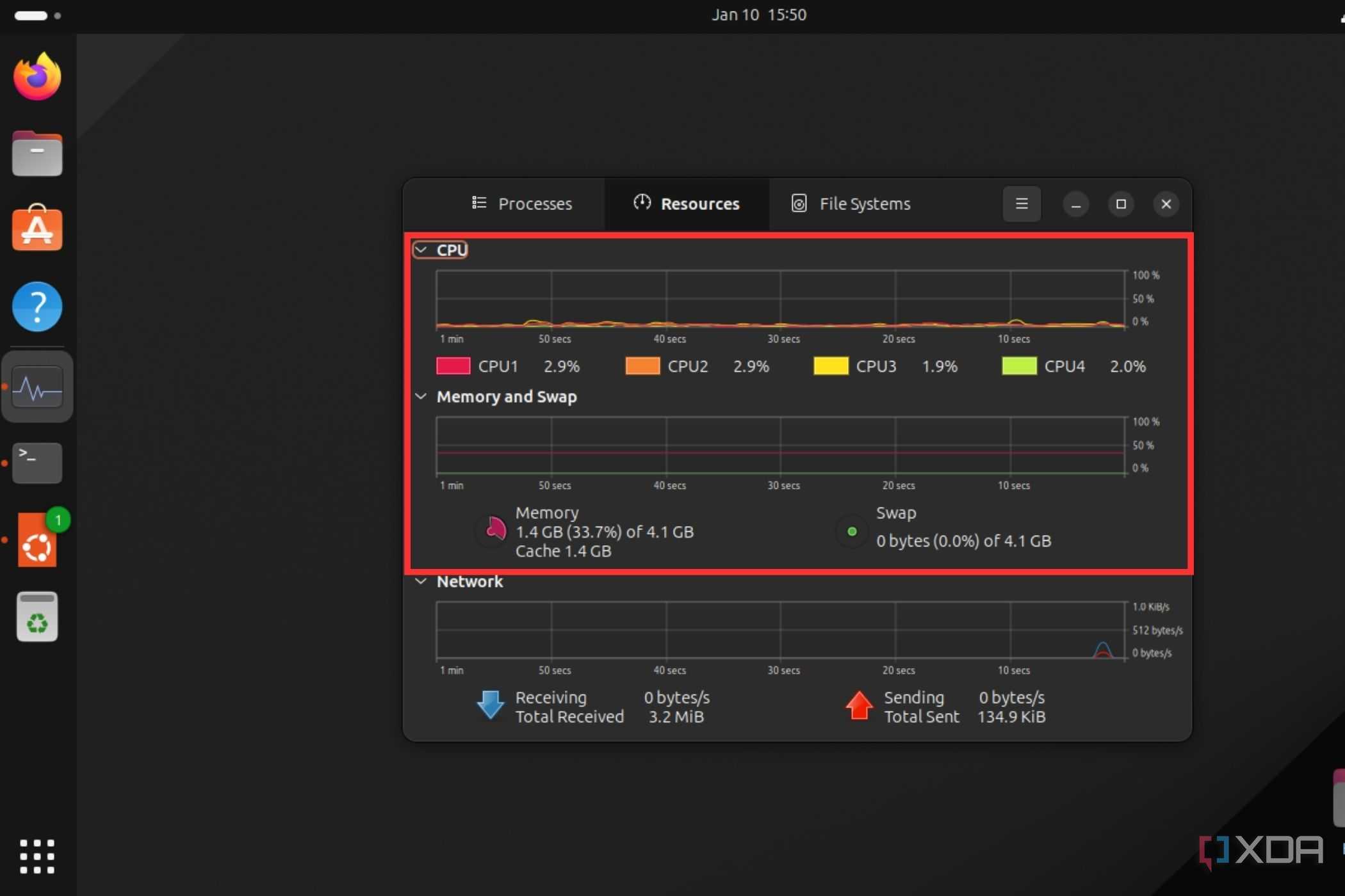 A screenshot showing the highlighted CPU and memory usage stats on the System Monitor window on Linux.