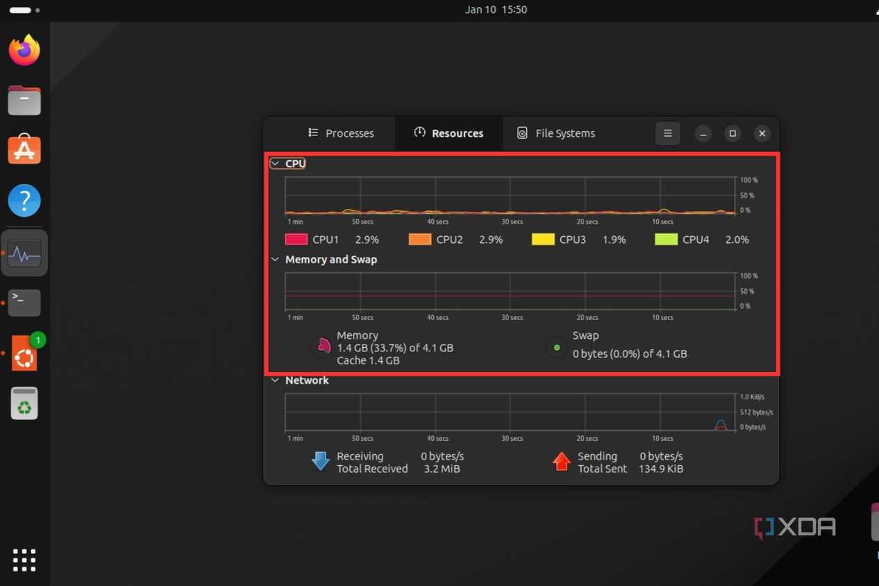 A screenshot showing the highlighted CPU and memory usage stats on the System Monitor window on Linux.