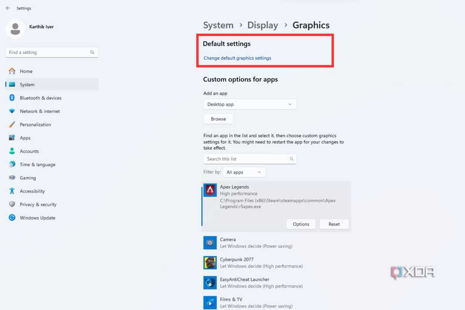 A screenshot showing the highlighted Default settings in Graphics settings page in Windows.