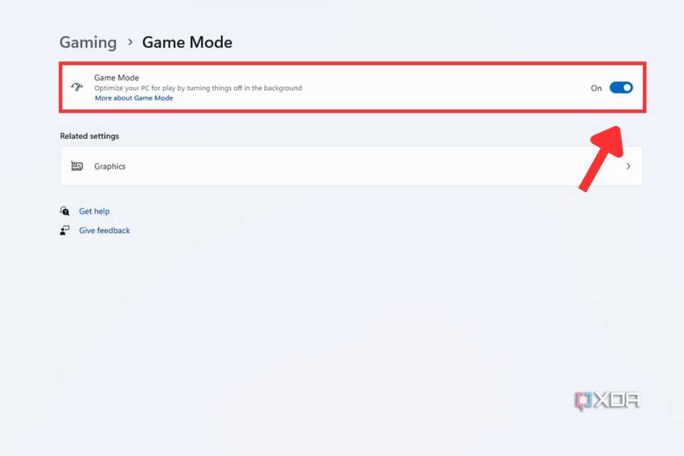 A screenshot showing the highlighted Game Mode toggle in Windows Game Mode settings page.
