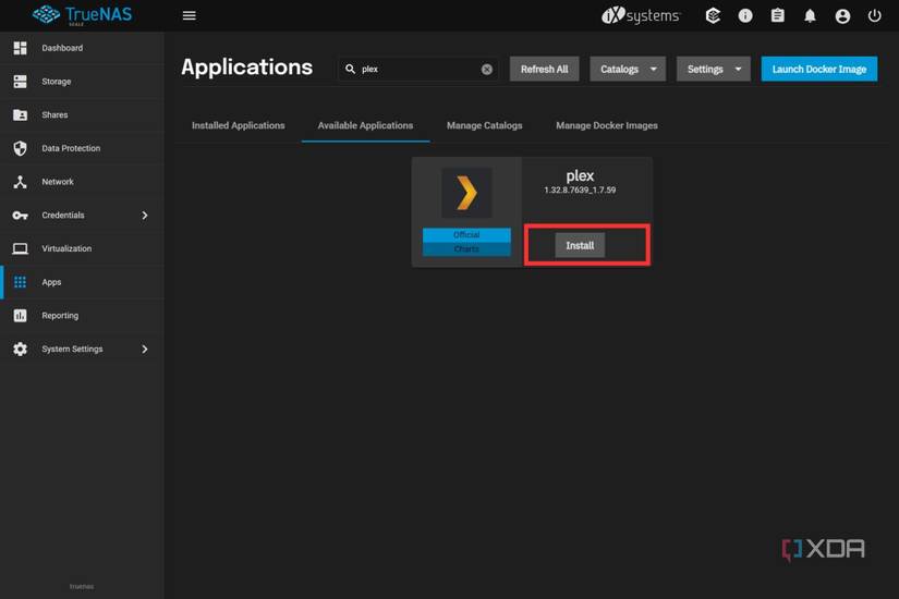 A screenshot showing the highlighted Install button on the Plex app listing in TrueNAS apps screen.