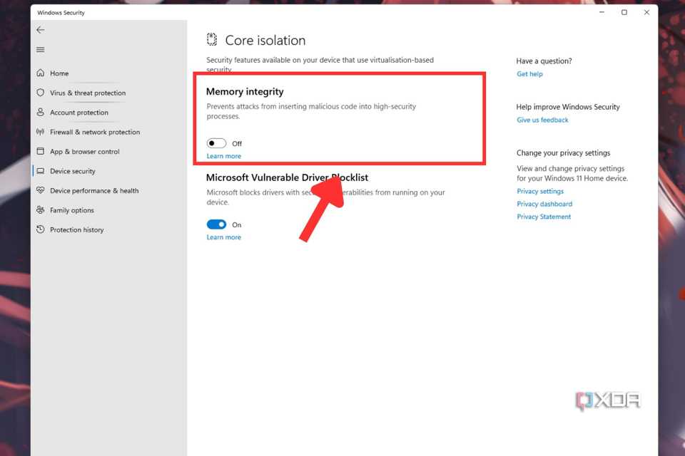 A screenshot showing the highlighted Memory integrity option in Core isolation settings window.