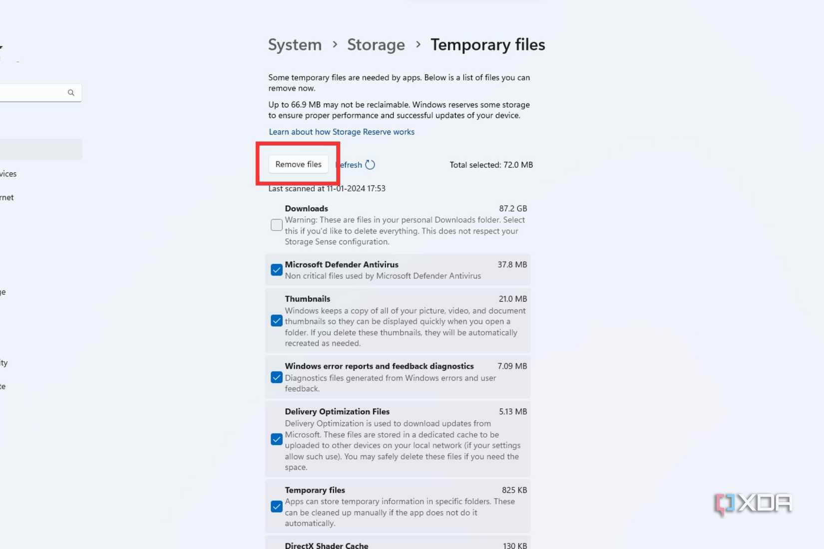 A screenshot showing the highlighted Remove files button in Temporary files menu in Windows.
