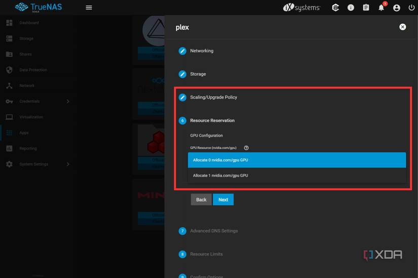 A screenshot showing the highlighted Resource Reservation options in TrueNAS configuration menu.