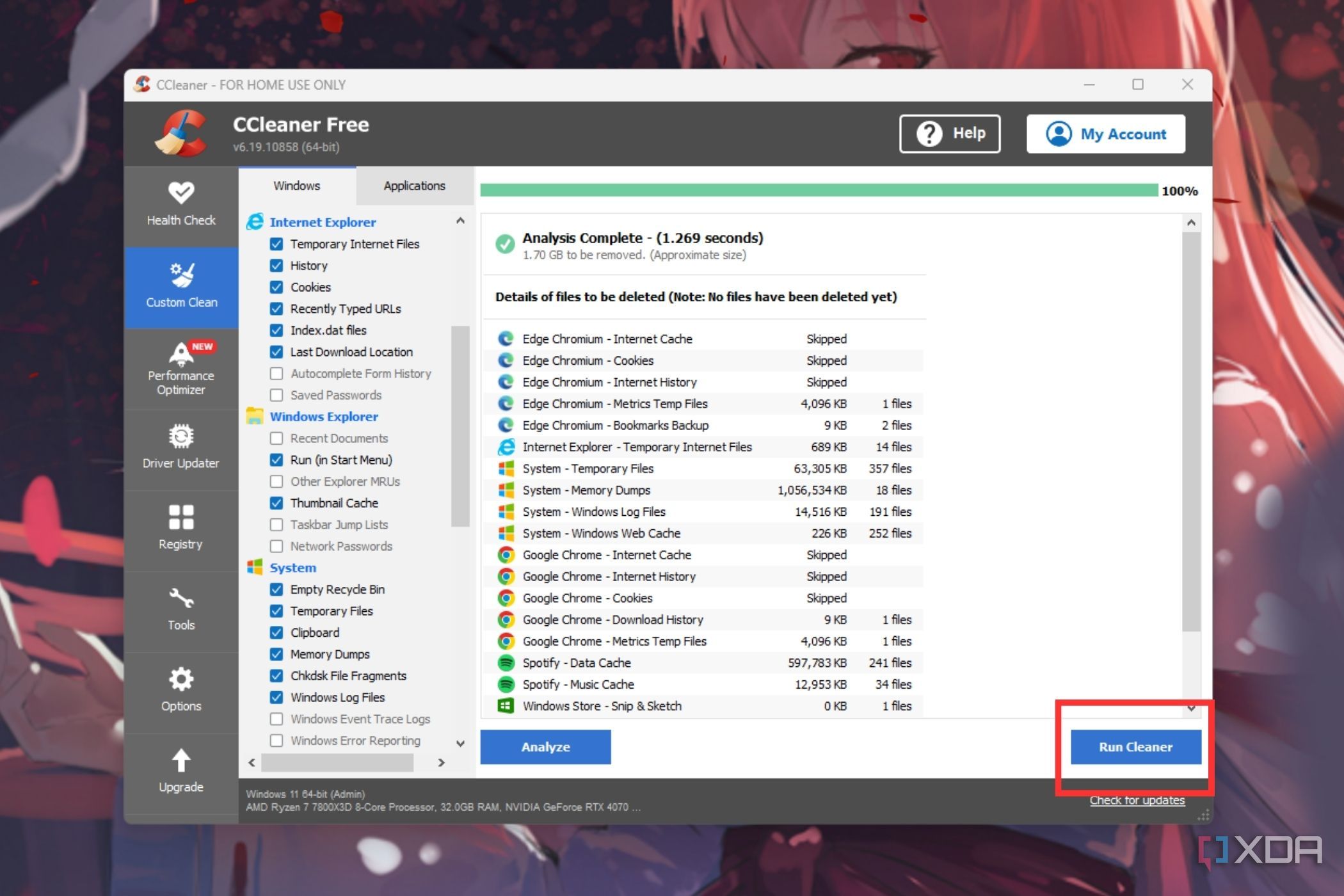 A screenshot showing the highlighted Run Cleaner button in CCleaner.
