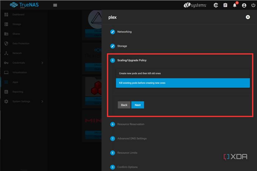 A screenshot showing the highlighted Scaling policy options in TrueNAS set up screen.