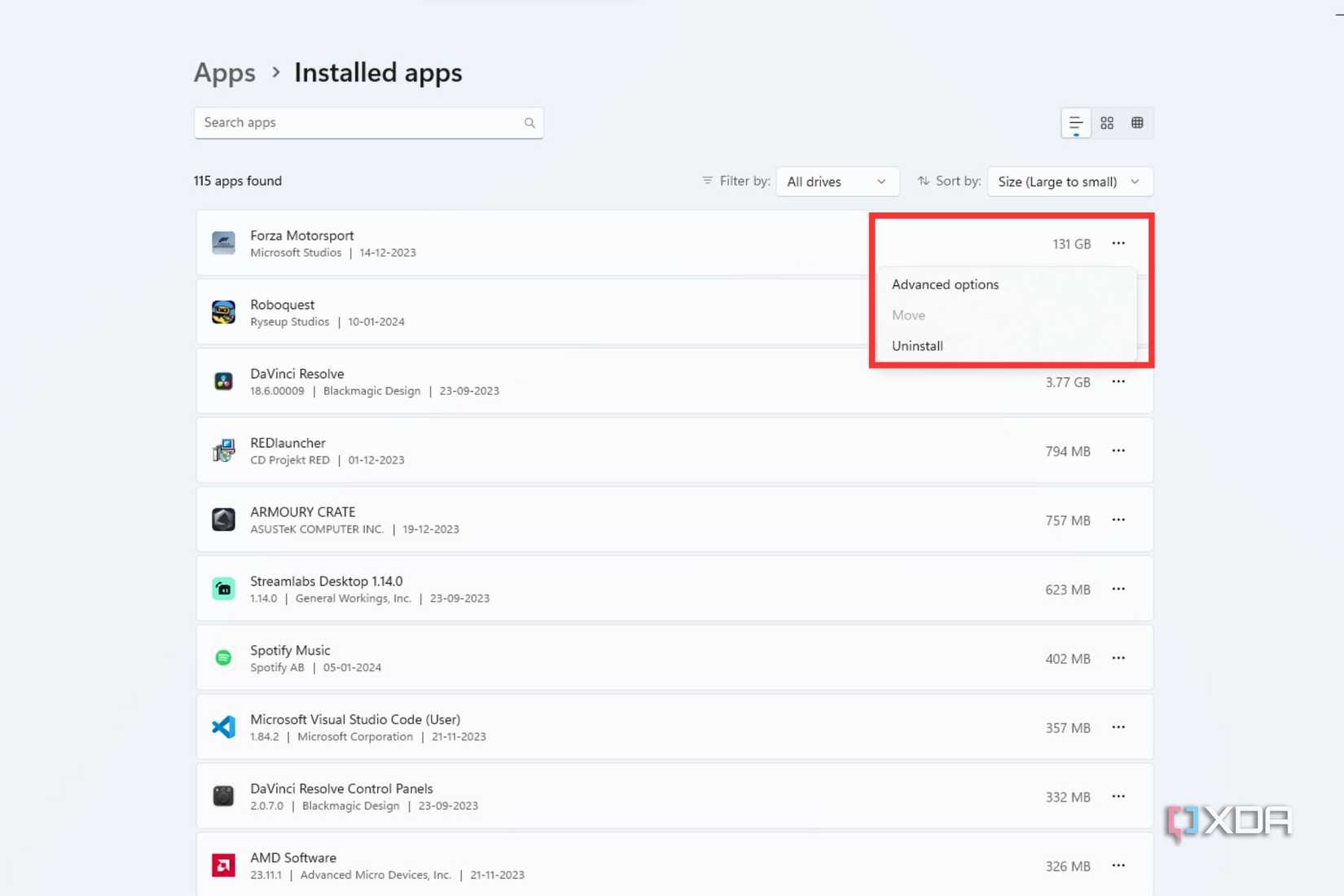 A screenshot showing the highlighted three-dot menu items in Installed apps screen on Windows Settings page.