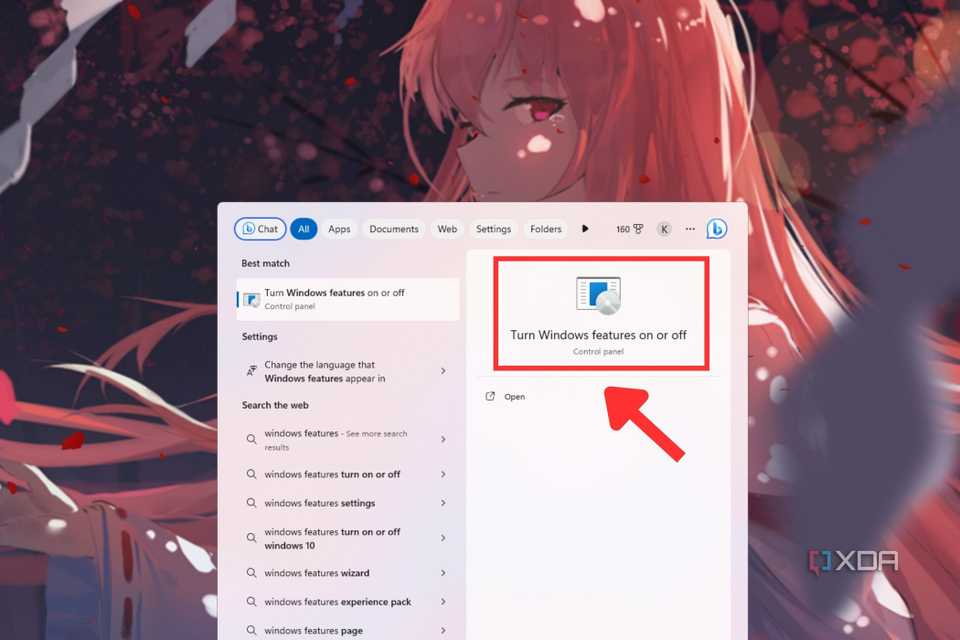A screenshot showing the highlighted Turn Windows fetaures on or off in Start Menu.