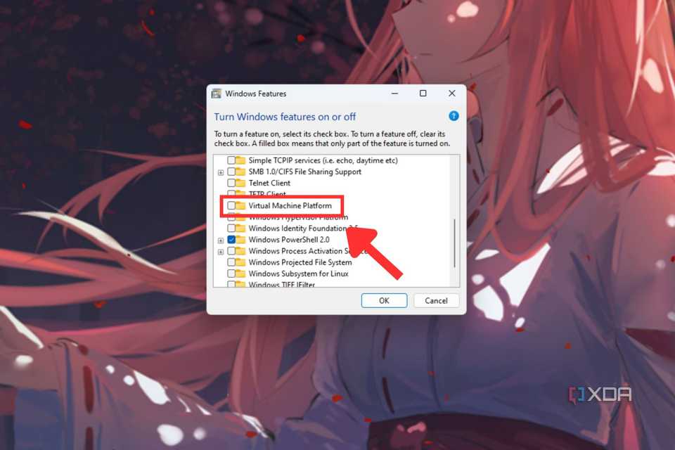 A screenshot showing the highlighted Virtual Machine Platform option in Turn Windows features on or off window.