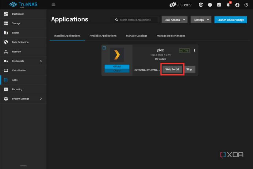 A screenshot showing the highlighted Web Portal option on the Plex app listing in TrueNAS dashboard.