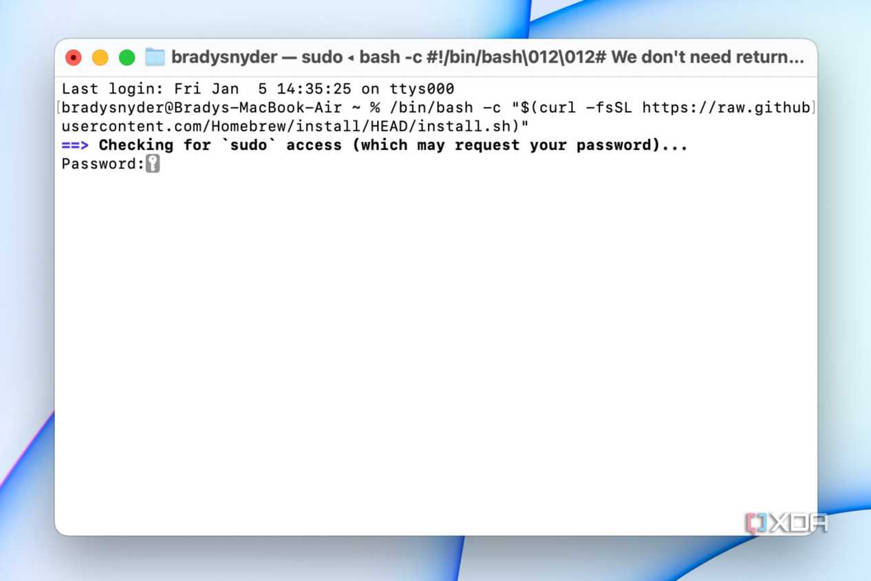 The Homebrew install command in macOS terminal.