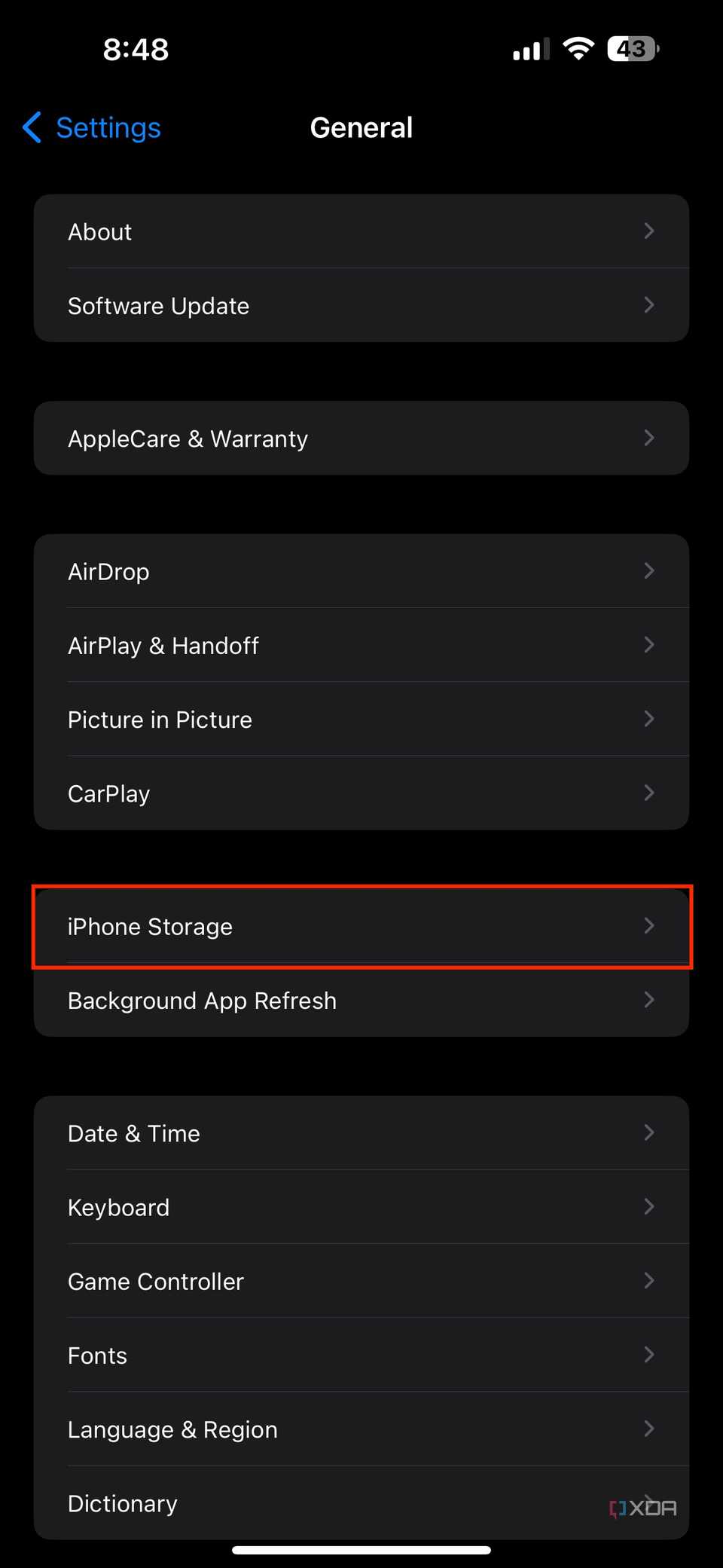 iPhone storage section in iPhone settings