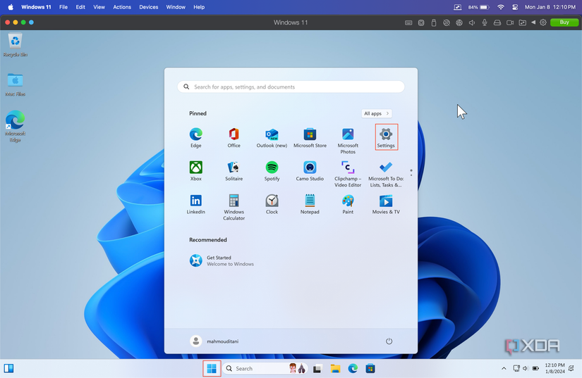 Settings app on windows 11 in VM