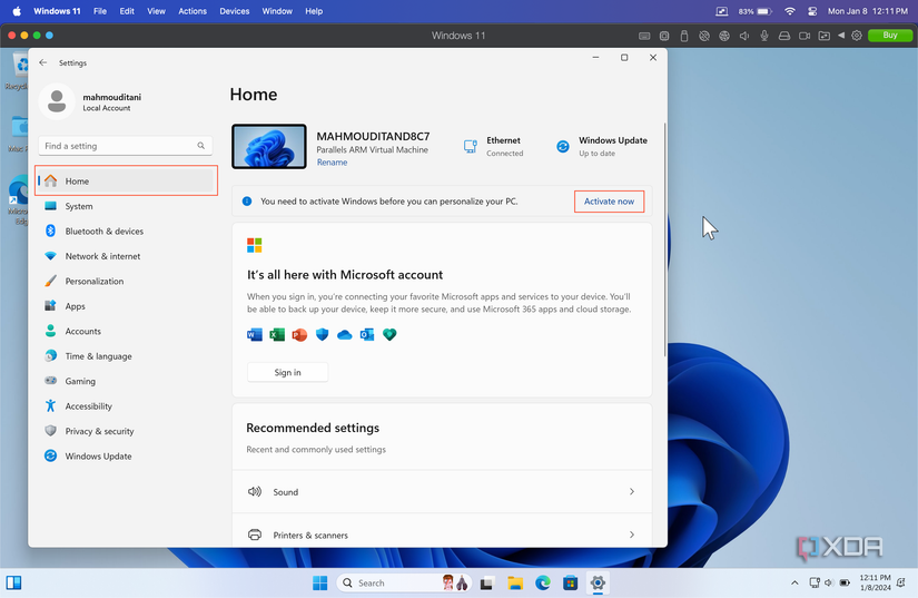 home tab in windows setting with activate now button for windows 11