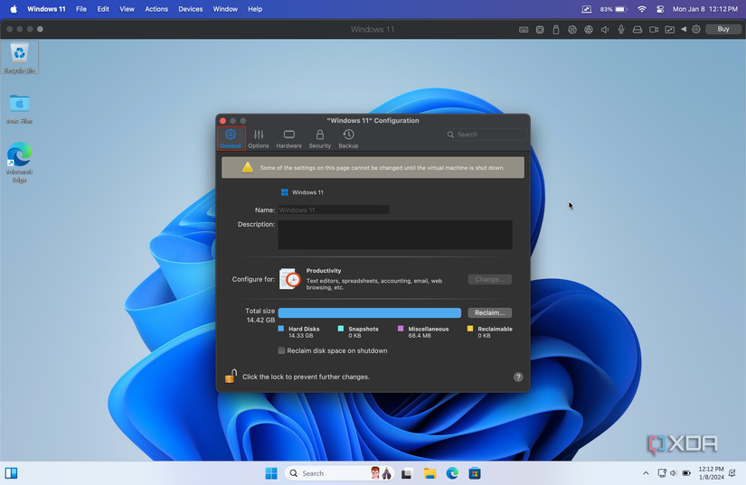 general tab in Parallels Desktop settings