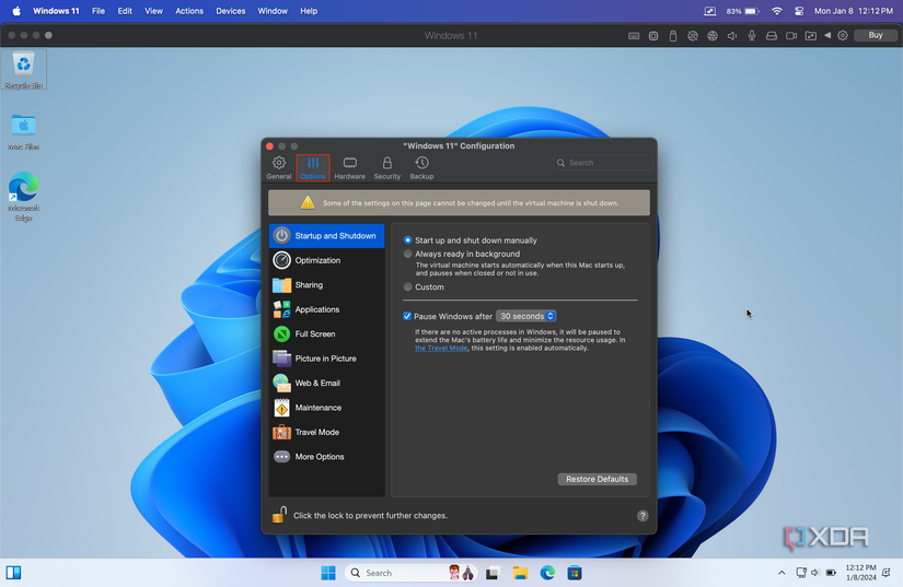 Options tab in Parallels Desktop settings