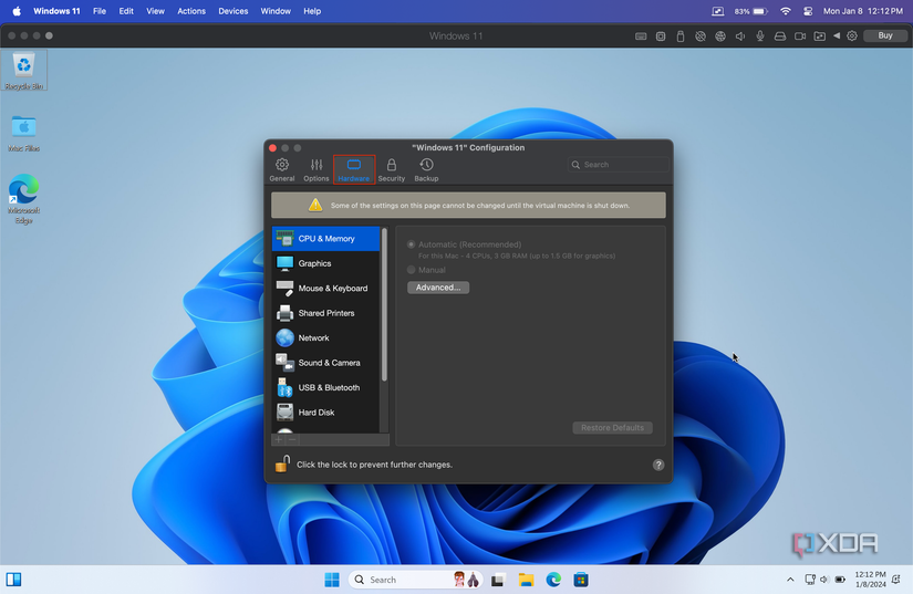 Hardware tab in Parallels Desktop settings