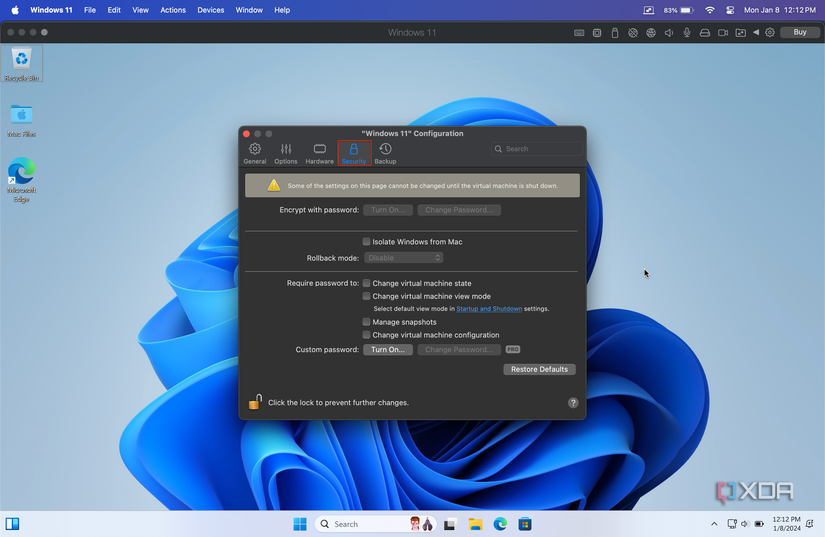 security tab in Parallels Desktop settings