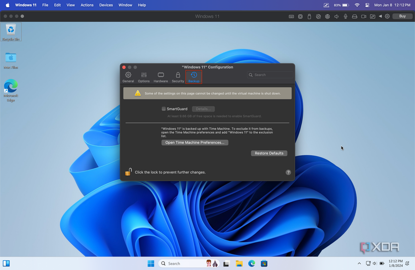 backup tab in Parallels Desktop settings