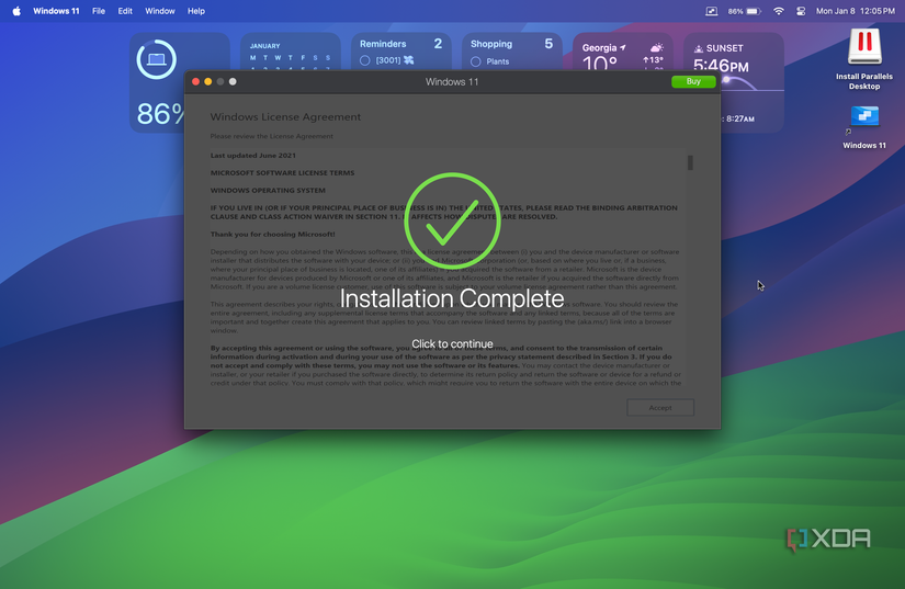 installation complete screen with a click to continue banner