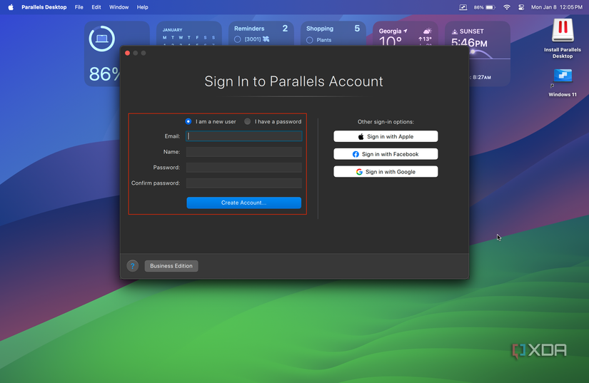 sign in to parallels account screen