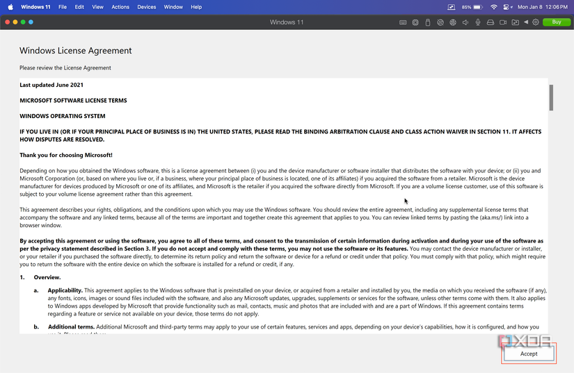 accept button for windows license agreement