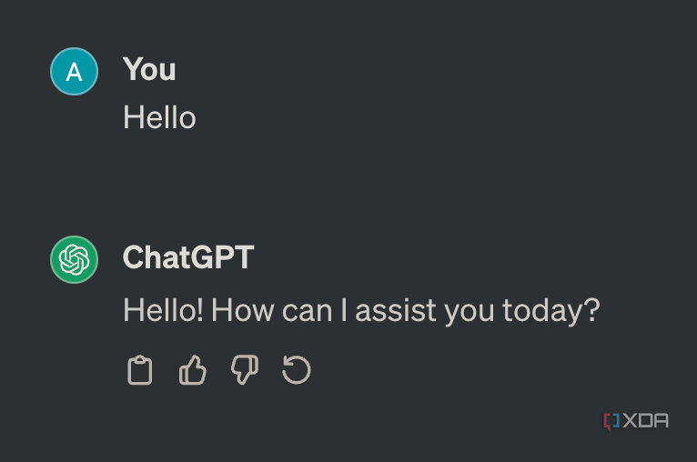 Saying "Hello" to ChatGPT, where it responds with a number of icons