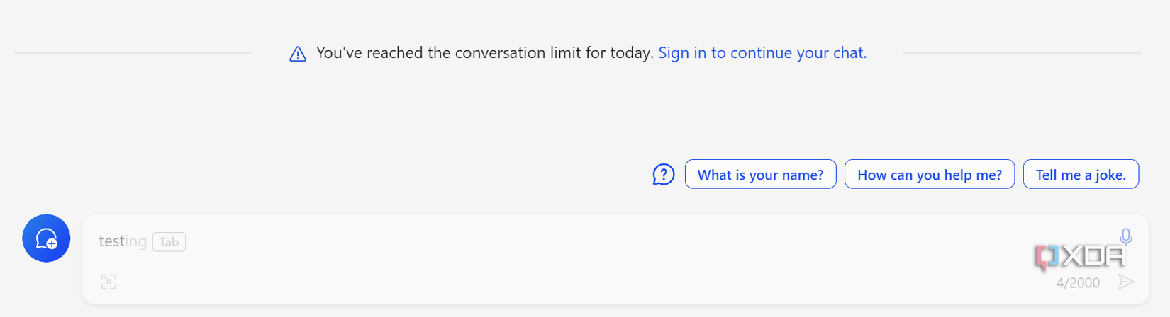Copilot prompt that you have hit the conversation limit for the day