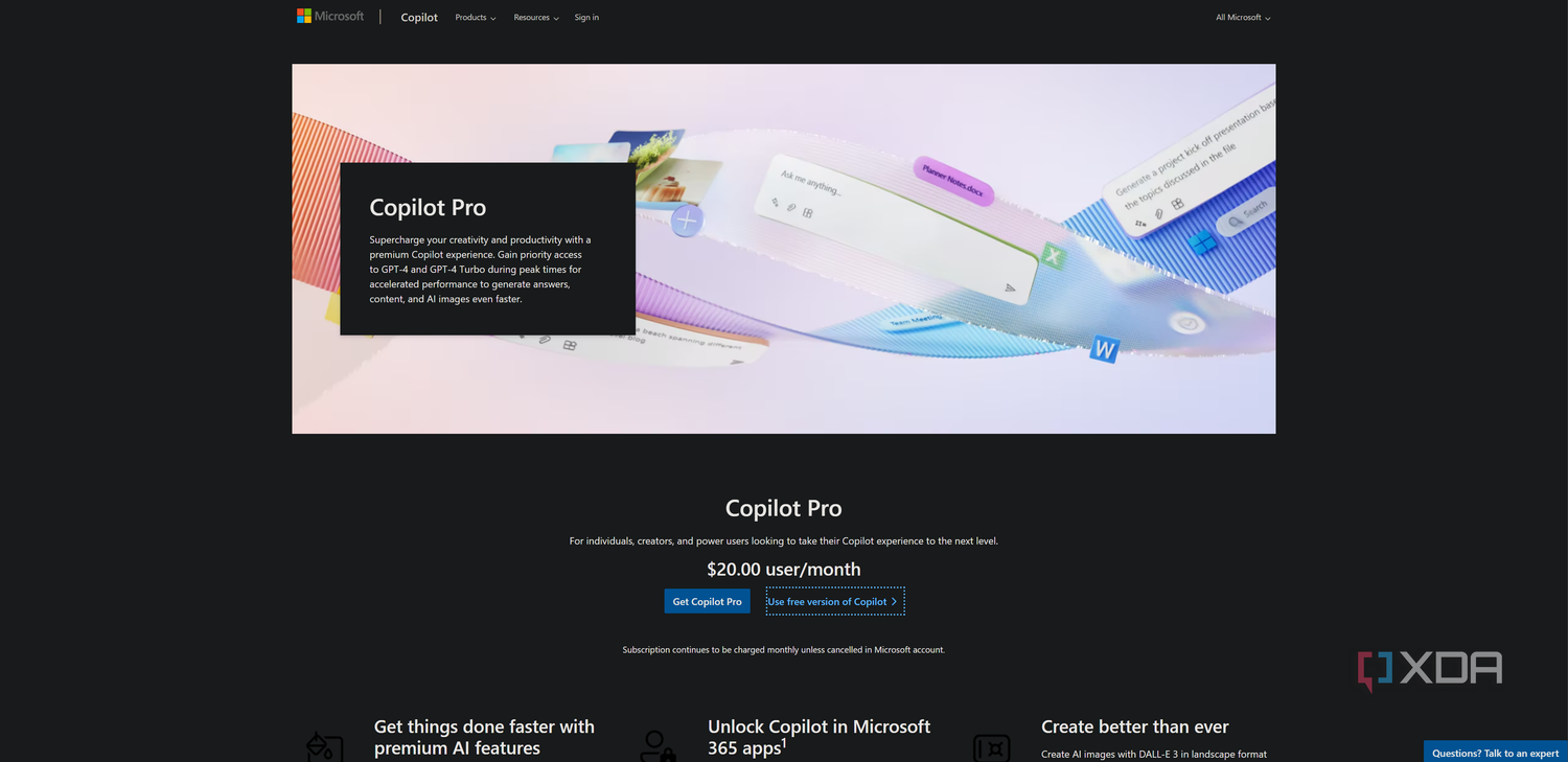 Copilot Pro landing page, advertising the benefits of it