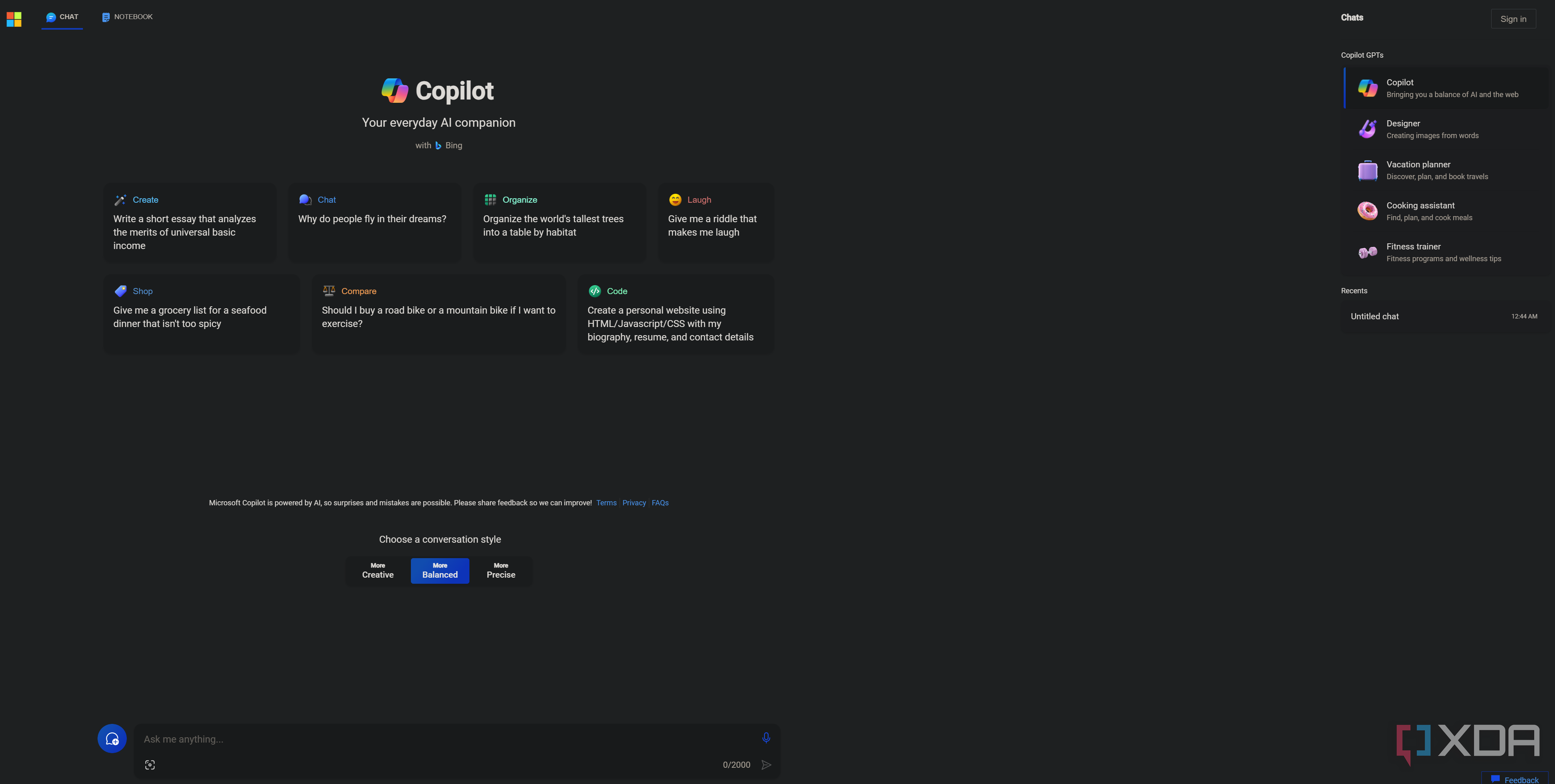 Microsoft Copilot landing page with conversation selectors