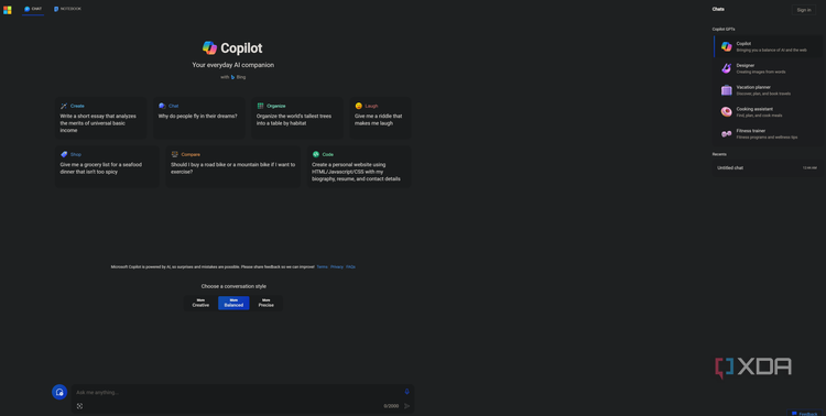 Microsoft Copilot landing page with conversation selectors