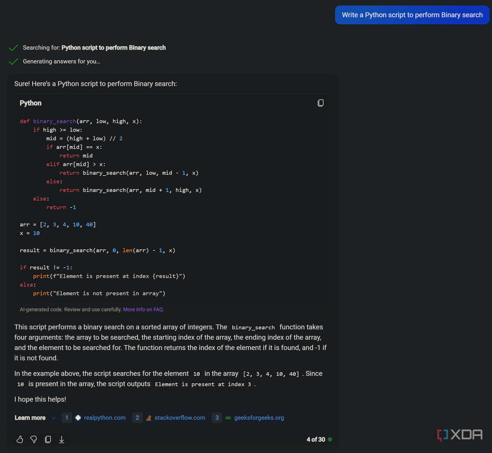 Screen showing prompt asking Copilot to make a Python script to perform a binary search