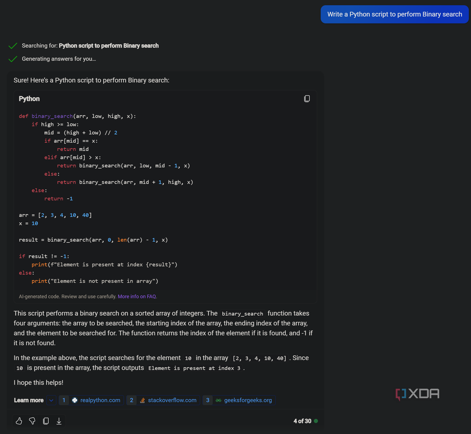 Screen showing prompt asking Copilot to make a Python script to perform a binary search