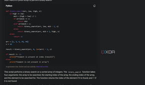 Screen showing prompt asking Copilot to make a Python script to perform a binary search