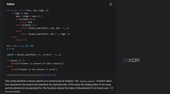 Screen showing prompt asking Copilot to make a Python script to perform a binary search