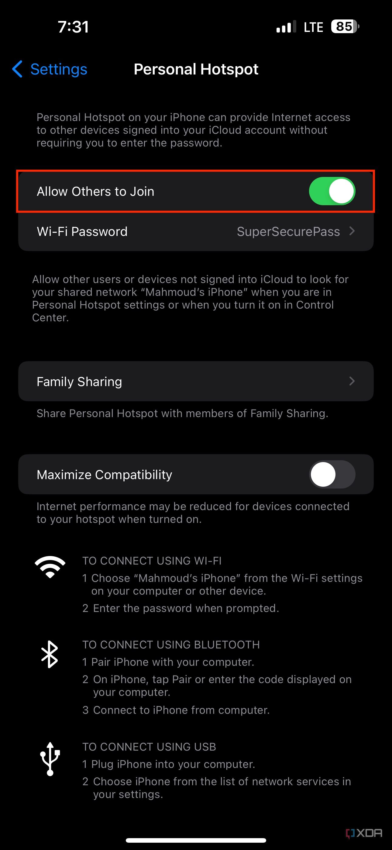 allow others to join toggle in hotspot settings