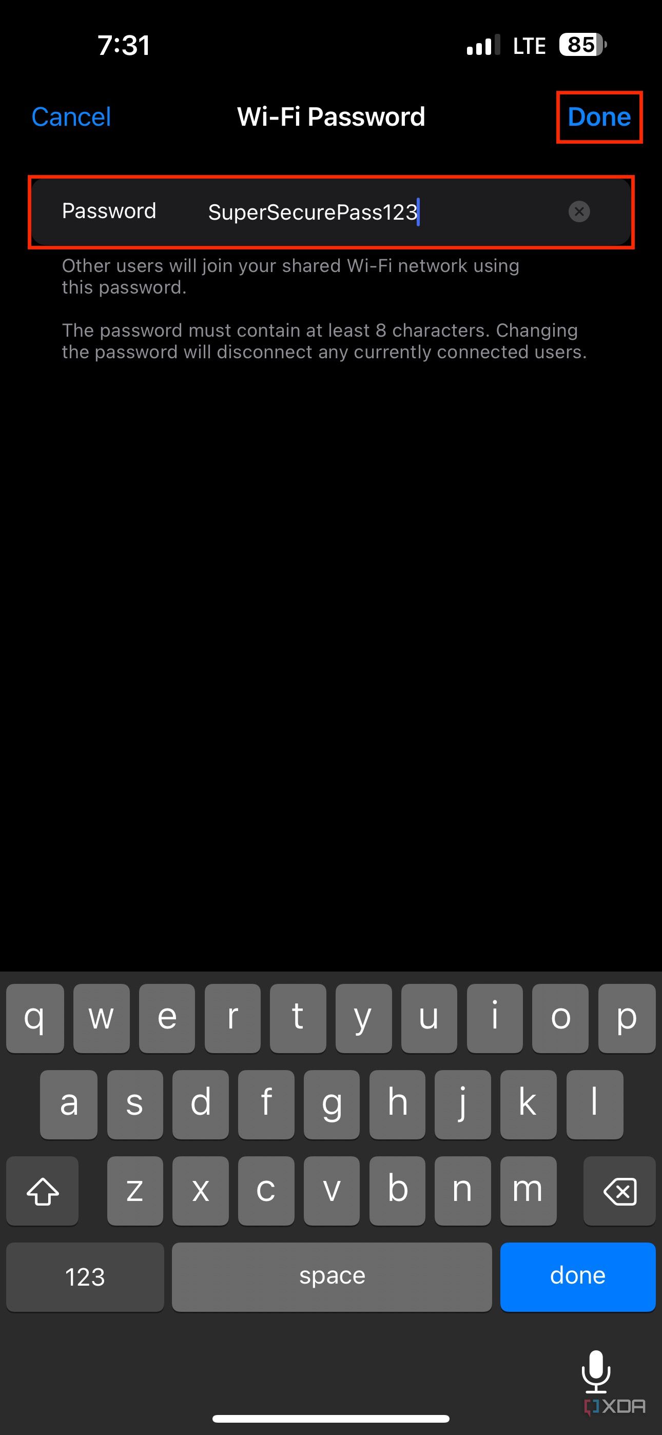 changing the hotspot's password in settings