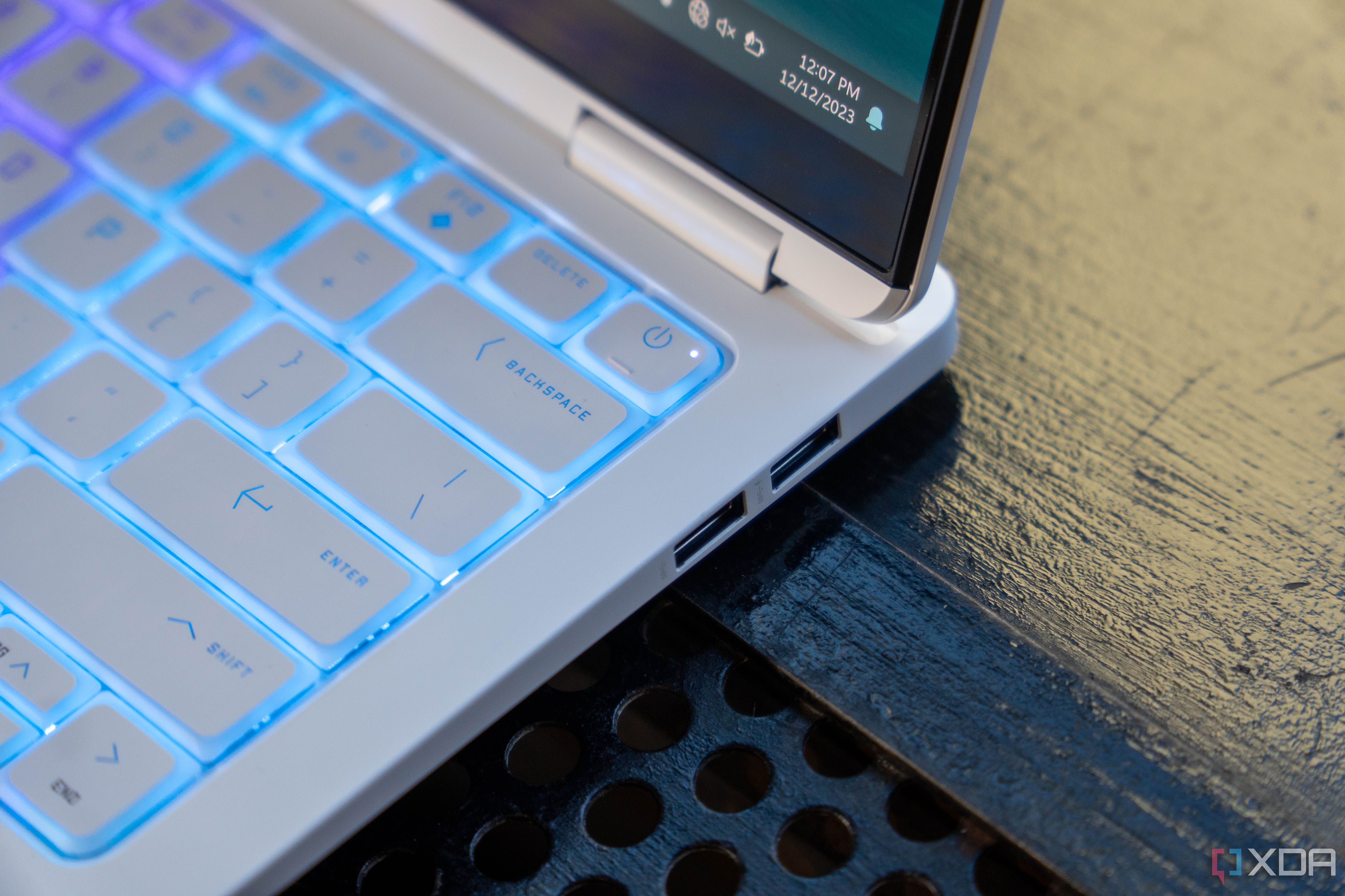 Close-up view of the power key on the Omen Transcend 14